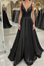 A Line V Neck Backless Black Long Formal Prom Dresses, V Neck Black Formal Dresses, Backless Black Evening Dresses