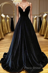 A Line V Neck Backless Black Velvet Long Formal Prom Dresses, V Neck Black Formal Dresses, Black Velvet Evening Dresses