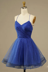 A Line V Neck Backless Blue Tulle Formal Prom Dress, Backless Blue Homecoming Dress, Short Blue Formal Evening Dress