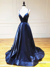 A Line V Neck Backless Dark Navy Blue Prom Dresses, Open Back Navy Blue Formal Evening Dresses