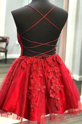 A Line V Neck Backless Lace Red Short Formal Prom Dress Homecoming Dress, Backless Red Lace Formal Graduation Evening Dress