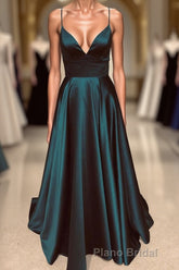A Line V Neck Backless Long Formal Prom Dresses Simple Dark Green Formal Evening Gowns