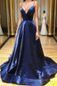 A Line V Neck Backless Navy Blue Formal Prom Dresses, Open Back Navy Blue Formal Evening Dresses