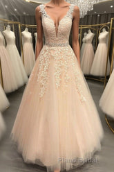 A Line V Neck Beaded Pink Lace Long Formal Prom Dress, V Neck Pink Lace Formal Dress, Pink Lace Evening Dress