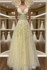 A Line V Neck Beaded Yellow Lace Tulle Long Formal Prom Dress, Yellow Lace Formal Dress, Beaded Yellow Evening Dress