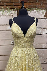 A Line V Neck Beaded Yellow Lace Tulle Long Formal Prom Dress, Yellow Lace Formal Dress, Beaded Yellow Evening Dress