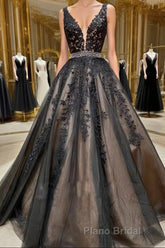 A Line V Neck Black Lace Formal Prom Dresses, Black Lace Formal Evening Dresses