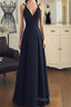 A Line V Neck Black Long Formal Prom Dresses With Corss Back, Black Long Formal Graduation Dresses