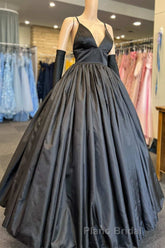 A Line V Neck Black Satin Long Formal Prom Dress with Pocket, V Neck Black Formal Graduation Evening Dress