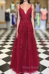 A Line V Neck Burgundy Lace Formal Prom Dresses, Wine Red Lace Formal Evening Dresses