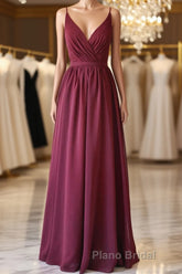 A Line V Neck Burgundy Long Formal Prom Dress with Lace Back, V Neck Burgundy Formal Evening Dress, Burgundy Bridesmaid Dress