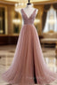 A Line V Neck Dark Pink Beaded Long Formal Prom Dresses, V Neck Pink Long Formal Graduation Dresses