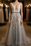 A Line V Neck Gray Lace Long Formal Prom Dress with Belt, Gray Lace Floral Formal Dress, Gray Lace Evening Dress