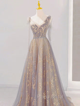 A-Line V Neck Gray Long Formal Prom Dresses, Tulle Sequin Lace Long Forma Dresses