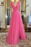 A Line V Neck Hot Pink Tulle Long Formal Prom Dress with Slit, Hot Pink Formal Graduation Evening Dress
