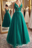 A Line V Neck Open Back Green Floral Long Formal Prom Dresses, Open Back Green Formal Evening Dresses