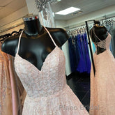 A Line V Neck Open Back Pink Lace Long Formal Prom Dress, Pink Lace Formal Graduation Evening Dress