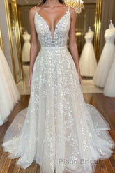 A Line V Neck Open Back White Lace Long Formal Prom Dress, V Neck White Lace Formal Dress, White Lace Evening Dress