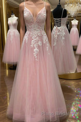 A Line V Neck Pink Lace Floral Long Formal Prom Dress, Pink Lace Formal Dress, Pink Evening Dress