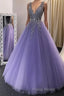 A Line V Neck Purple Beaded Long Formal Prom Dresses, Lilac Long Formal Evening Dresses with Beadings