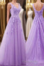 A Line V Neck Purple Lace Formal Prom Dresses, Purple Lace Long Formal Bridesmaid Dresses