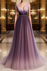 A Line V Neck Purple Ombre Formal Prom Dresses, V Neck Purple Ombre Formal Evening Bridesmaid Dresses
