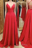 A Line V Neck Red Backless Long Formal Prom Dresses, Red A Line V Neck Open Back Formal Evening Dresses