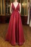 A-line V Neck Regular Straps Long/Floor-Length Satin Formal Prom Dresses With Appliqued Beading