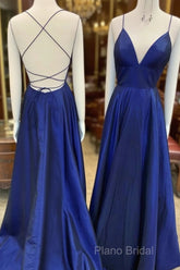 A Line V Neck Royal Blue Backless Formal Prom Dresses, Royal Blue Backless Formal Bridesmaid Dresses