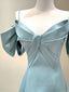 A-Line V Neck Satin Blue Long Formal Prom Dresses, Blue Formal Evening Dresses
