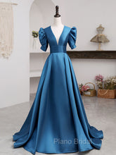 A-Line V Neck Satin Long Formal Prom Dresses, Blue Satin Long Evening Dresses