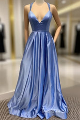 A-Line V Neck Satin Unique Long Formal Prom Dresses Formal Gowns