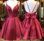 A Line V Neck Short Burgundy Backless Formal Prom Dresses, Short Wine Red Formal Homecoming Dresses