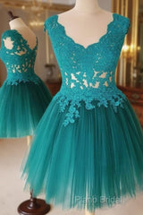 A Line V Neck Short Green-Blue Lace Formal Prom Dresses, Short Lace Formal Graduation Dresses