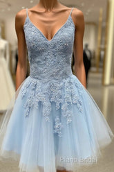 A Line V Neck Short Light Blue Lace Formal Prom Dresses, Short Light Blue Lace Homecoming Dresses