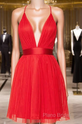 A Line V Neck Short Red/Burgundy Tulle Formal Prom Dresses, Short Red/Burgundy Graduation Homecoming Dresses