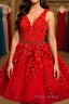 A Line V Neck Short Red Lace Formal Prom Dresses, Short Red Lace Formal Homecoming Dresses