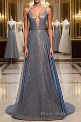 A Line V Neck Silver Gray Long Formal Prom Dresses, Gray Long Formal Evening Dresses