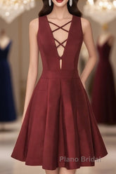 A-Line V-Neck Sleeveless Lace-Up Short Burgundy Satin Homecoming Dresses