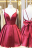 A-line V Neck Sleeveless Satin Short/Mini Homecoming Dresses With Bowknot