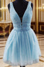 A-line V Neck Sleeveless Tulle Short/Mini Homecoming Dresses With Beading Glitter