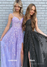 A-line V Neck Spaghetti Straps Long/Floor-Length Lace Prom Dresses With Split