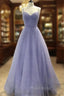A-line V Neck Spaghetti Straps Long/Floor-Length Tulle Formal Prom Dresses With Beading Sequins