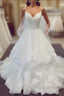 A-line V Neck Spaghetti Straps Puffy White Long Wedding Dresses