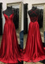 A-line V Neck Spaghetti Straps Sweep Train Charmeuse Prom Dresses With Split