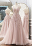 A-line V Neck Spaghetti Straps Sweep Train Tulle Prom Dresses With Appliqued Beading