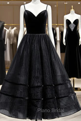 A Line V Neck Tea Length Black Velvet Formal Prom Dresses, Black Tea Length Graduation Homecoming Dresses