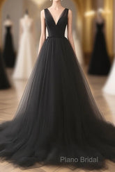 A-Line V Neck Tulle Black Long Formal Prom Dresses
