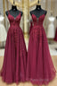 A-Line V Neck Tulle Lace Burgundy Long Formal Prom Dresses, Burgundy Long Formal Dresses