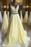 A Line V Neck Two Pieces Lace Top Yellow Formal Prom Dress, Two Pieces Yellow Formal Dress, Yellow Lace Evening Dress